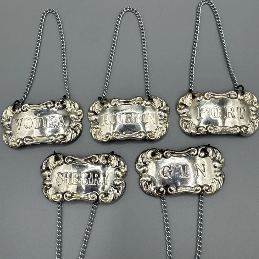 Vintage MC Delli Inc Silver Plate Decanter Liquor Tags Labels Set of 5 Japan